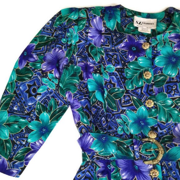 Vintage 80s SL Fashions Floral Belted Dress Sz.10P - Picture 4 of 9